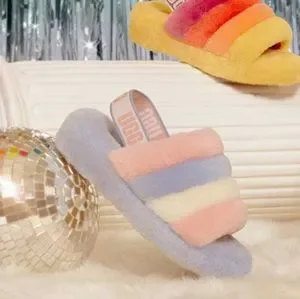 UGG Shoes Nwt Ugg Fluff Yeah Slides Sandals Size 9 Light Blue Pink Stripes Pastel Poshmark